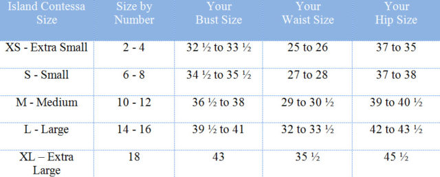 Our sizes and chart - Island Contessa