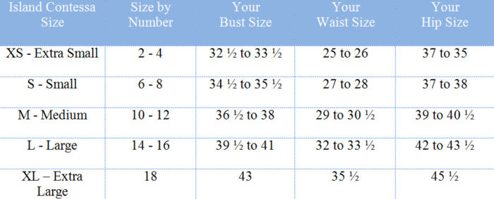 Our sizes and chart - Island Contessa